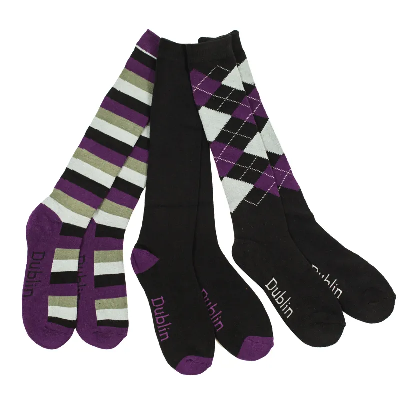 Dublin One Size 3 Pack Socks in Black/Purple/Grey