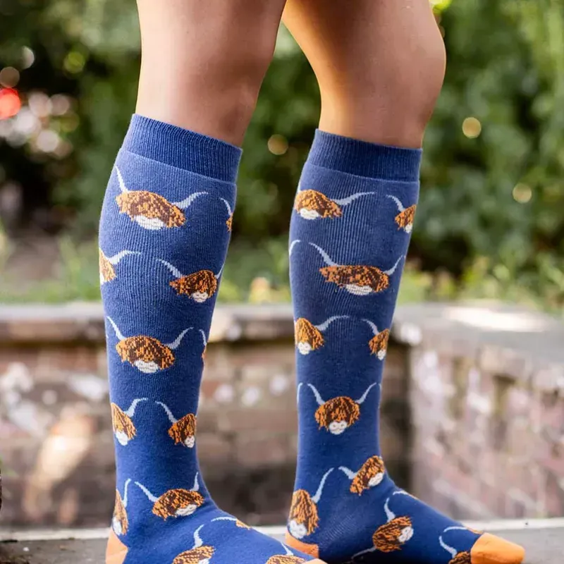 Bartleby Women's Size 4-8 Funky Patterned Welly Socks in Highland Cow