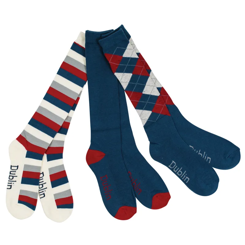 Dublin One Size 3 Pack Socks in Navy/Red/White