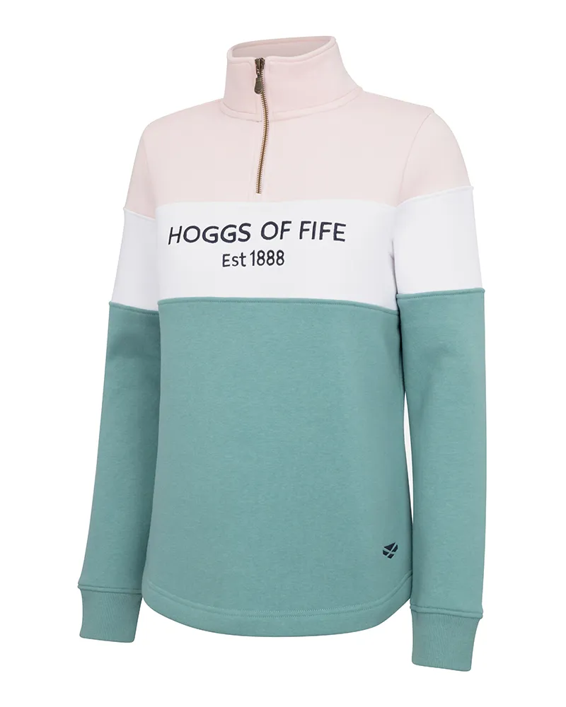 Hoggs of Fife Dumfries 1888 1/4 Zip Sweatshirt in Mineral Blue White and Pink