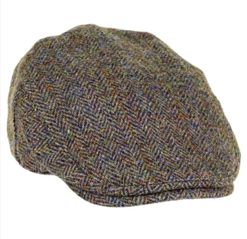 Heather Hats Highland Harris Tweed Flat Cap in Green Brown Herringbone