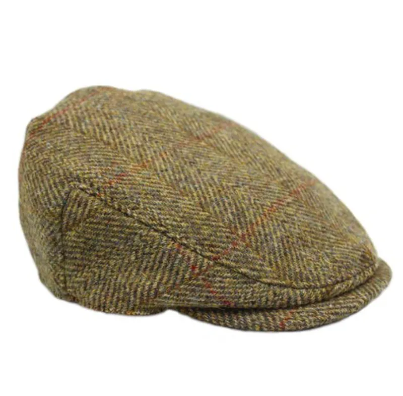 Heather Hats Highland Harris Tweed Flat Cap in Olive Gold